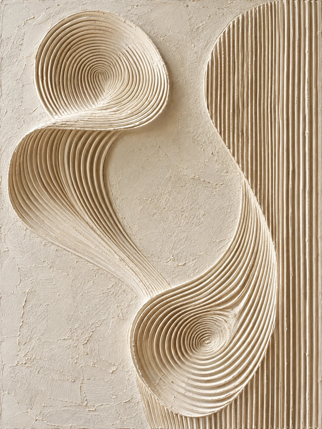 Sculpted Current full artwork. Fine ivory ridges curl into flowing loops across a softly textured neutral surface.