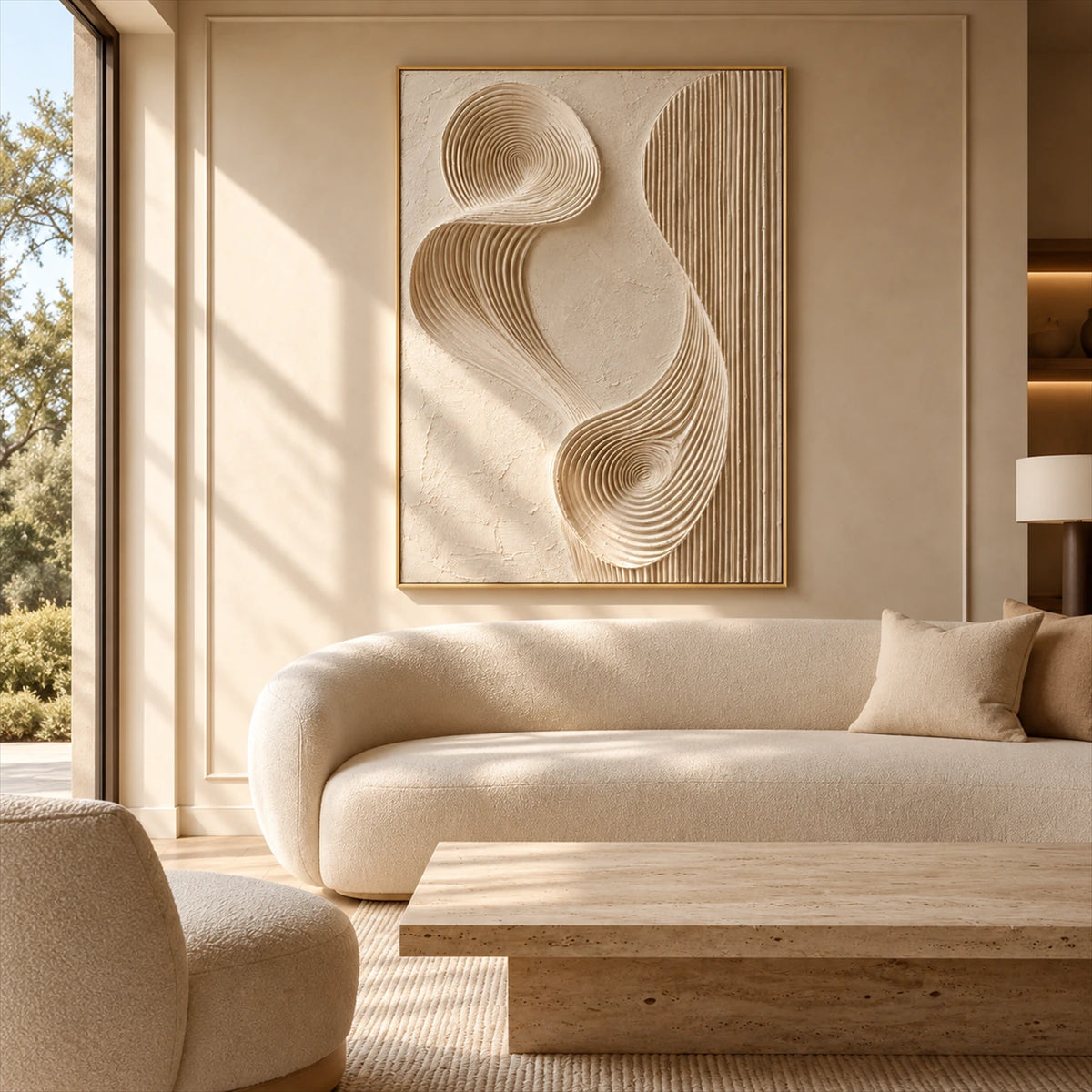 Sculpted Current artwork displayed above a curved cream sofa.