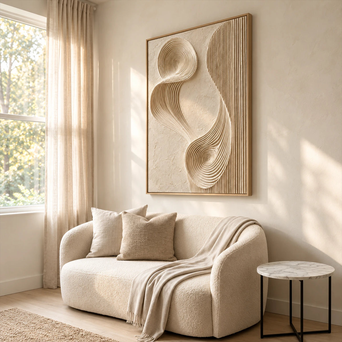 Sculpted Current artwork displayed above a pale sofa beside a large window.