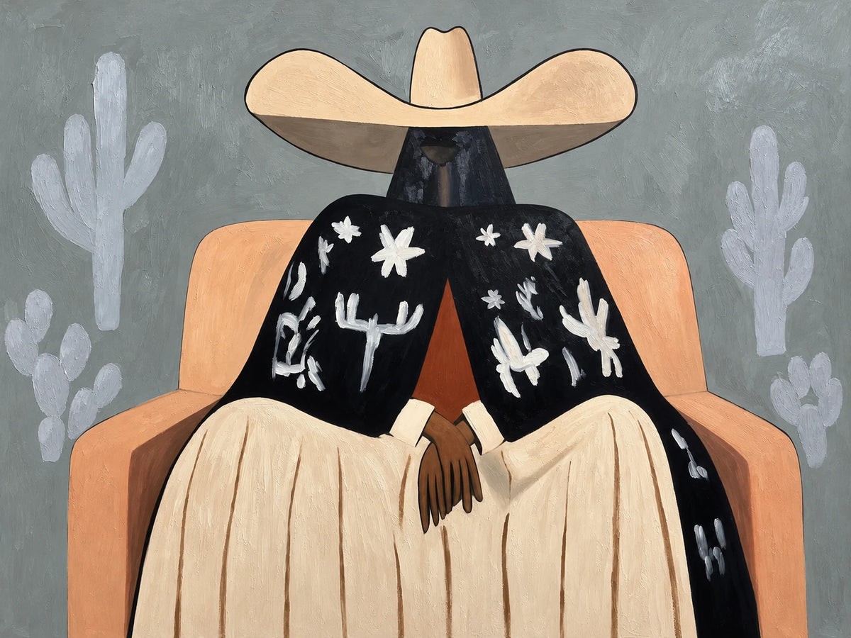 Cactus Siesta full artwork. A seated figure rests beneath a broad cream hat, wrapped in a dark shawl decorated with pale cactus and floral motifs.