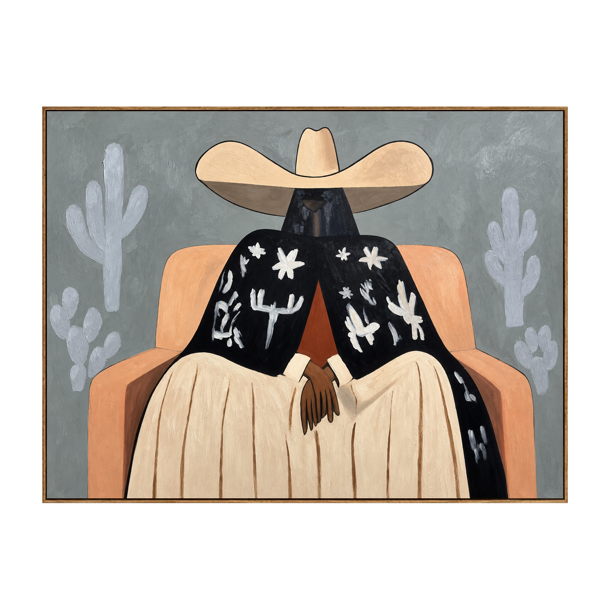 Cactus Siesta artwork in a natural wood frame on a transparent background.