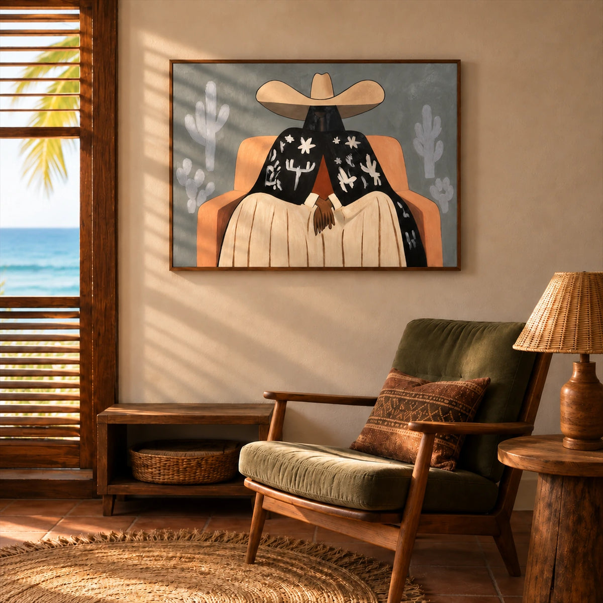 Cactus Siesta artwork displayed above a lounge chair beside wooden shutters.
