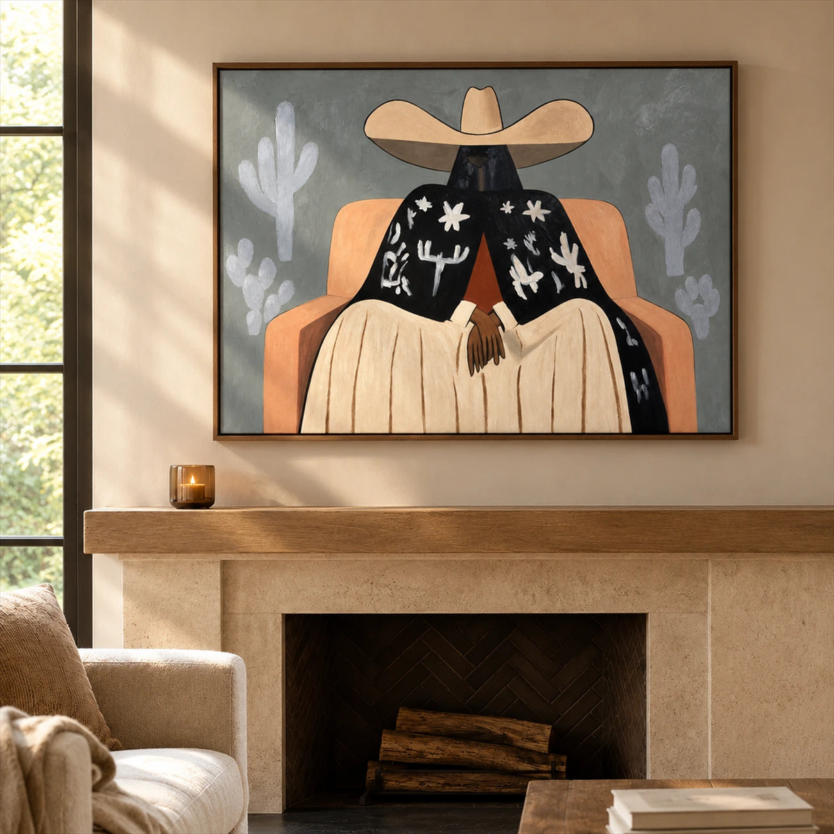 Cactus Siesta artwork displayed above a stone fireplace.