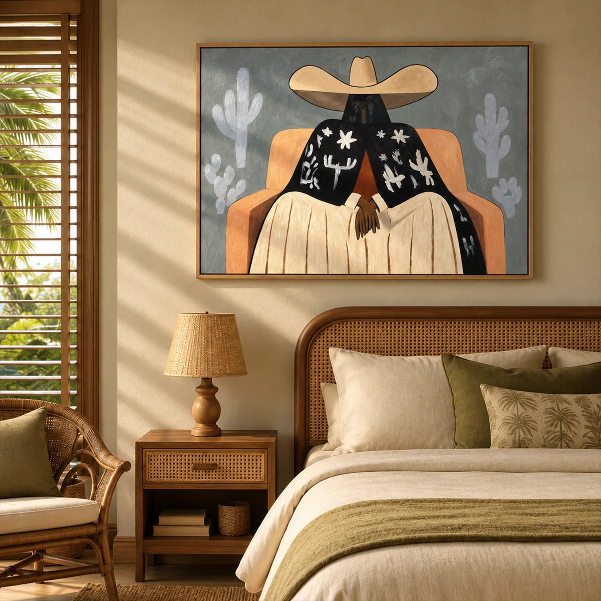 Cactus Siesta artwork displayed above a bed with woven headboard.