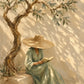 Olive Daydream full artwork. A reader in a flowing green dress rests beneath an olive tree, shaded by a broad straw hat.