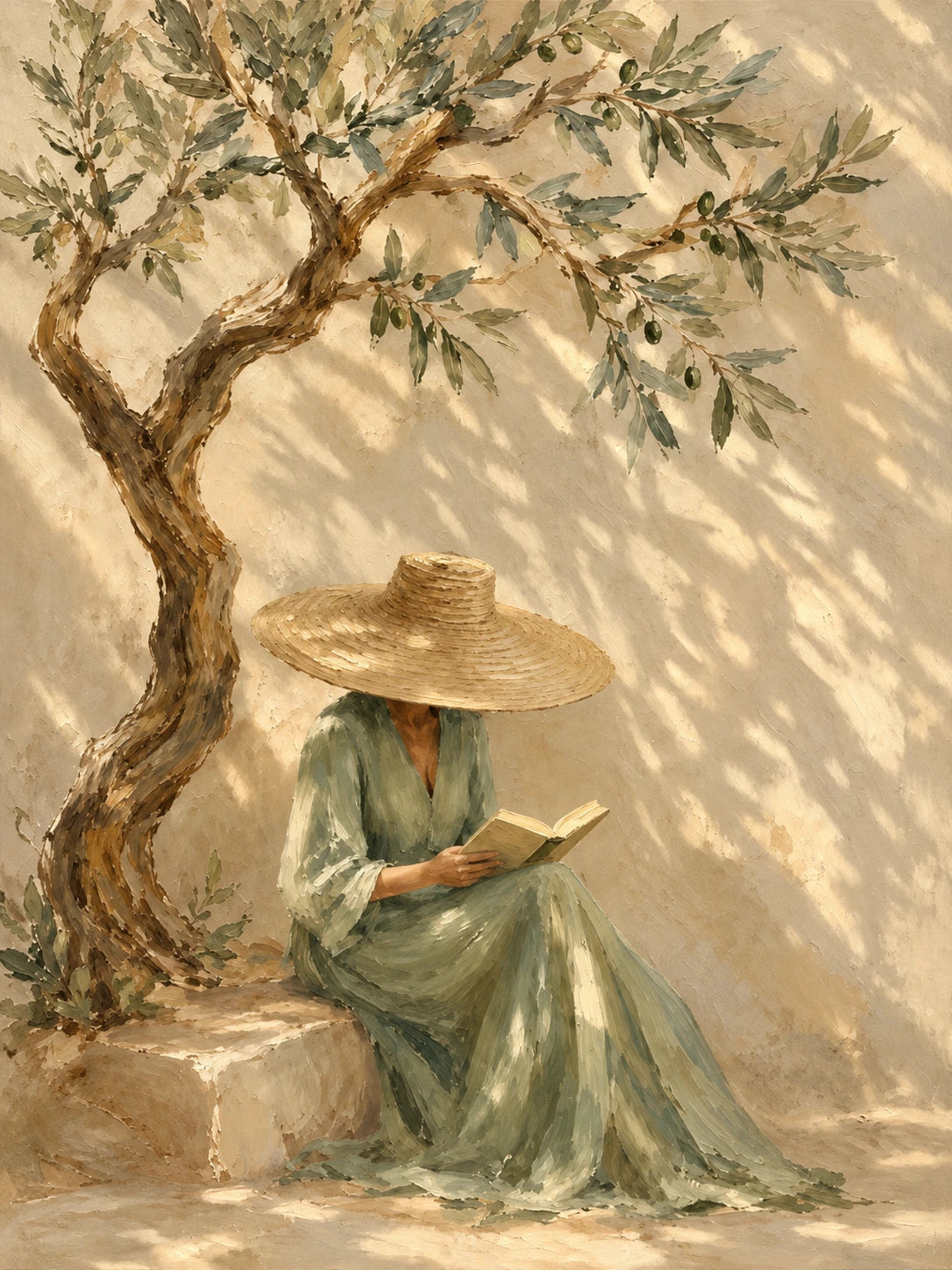 Olive Daydream full artwork. A reader in a flowing green dress rests beneath an olive tree, shaded by a broad straw hat.