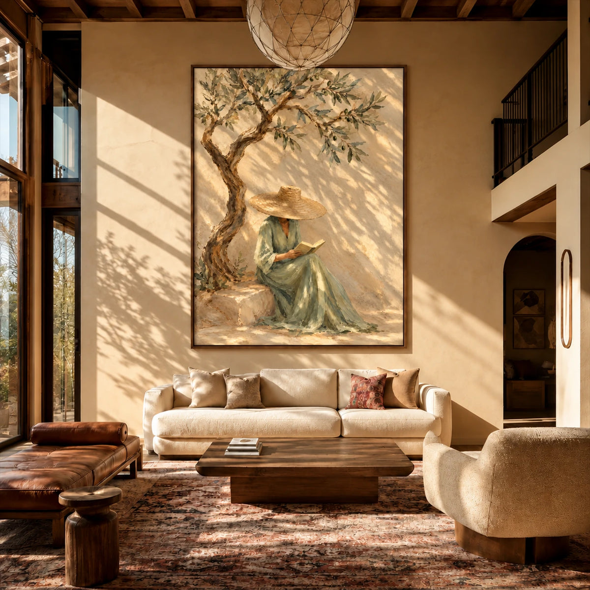 Olive Daydream artwork displayed above a cream sofa beneath timber beams.