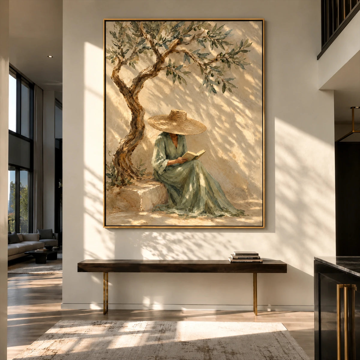 Olive Daydream artwork displayed above a slim entryway console.