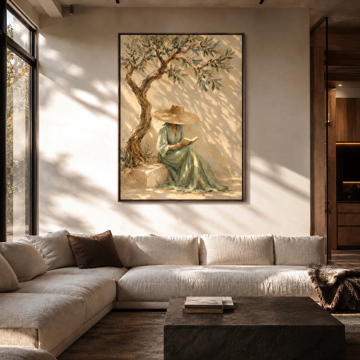 Olive Daydream artwork displayed above a neutral sectional sofa.