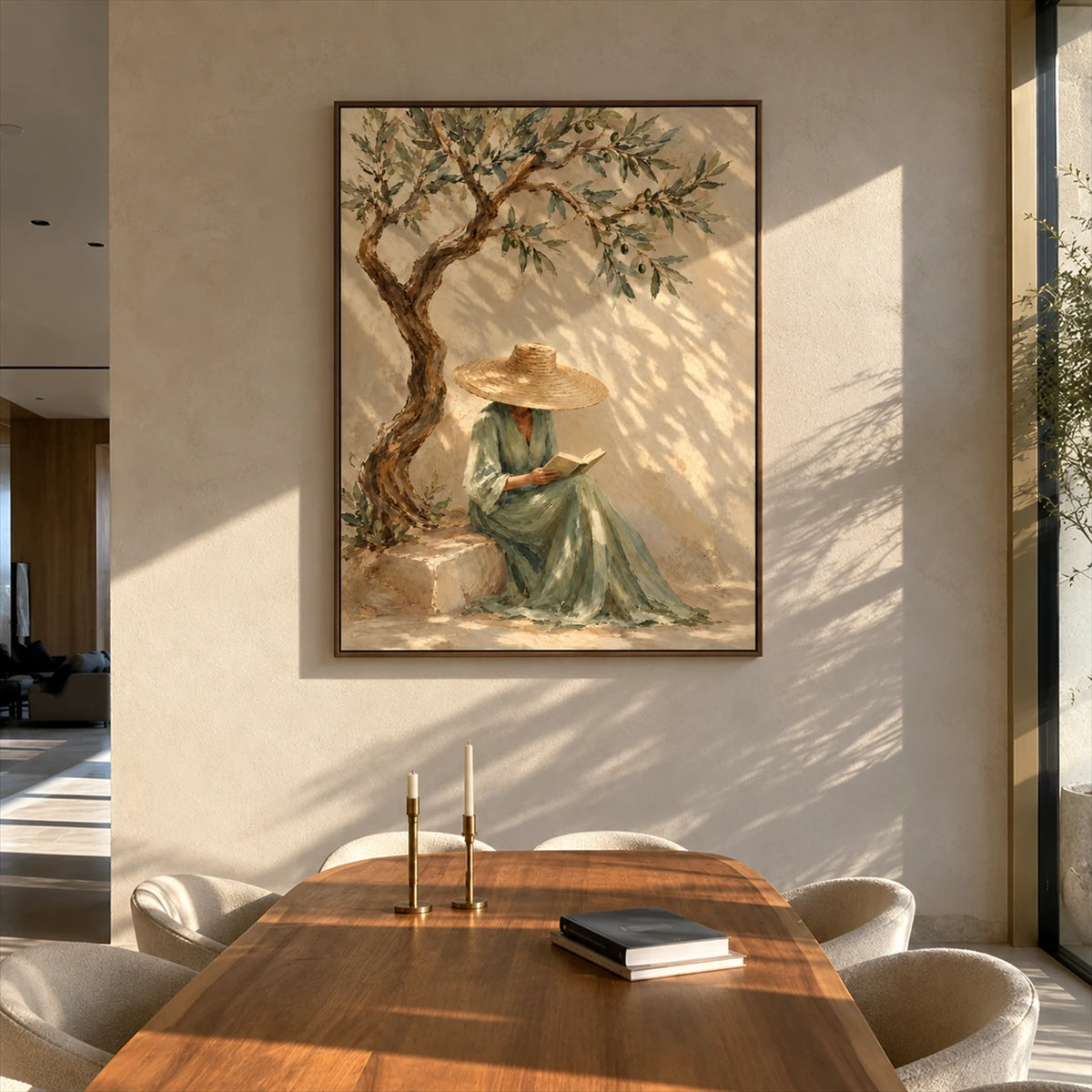 Olive Daydream artwork displayed beside a wooden dining table.
