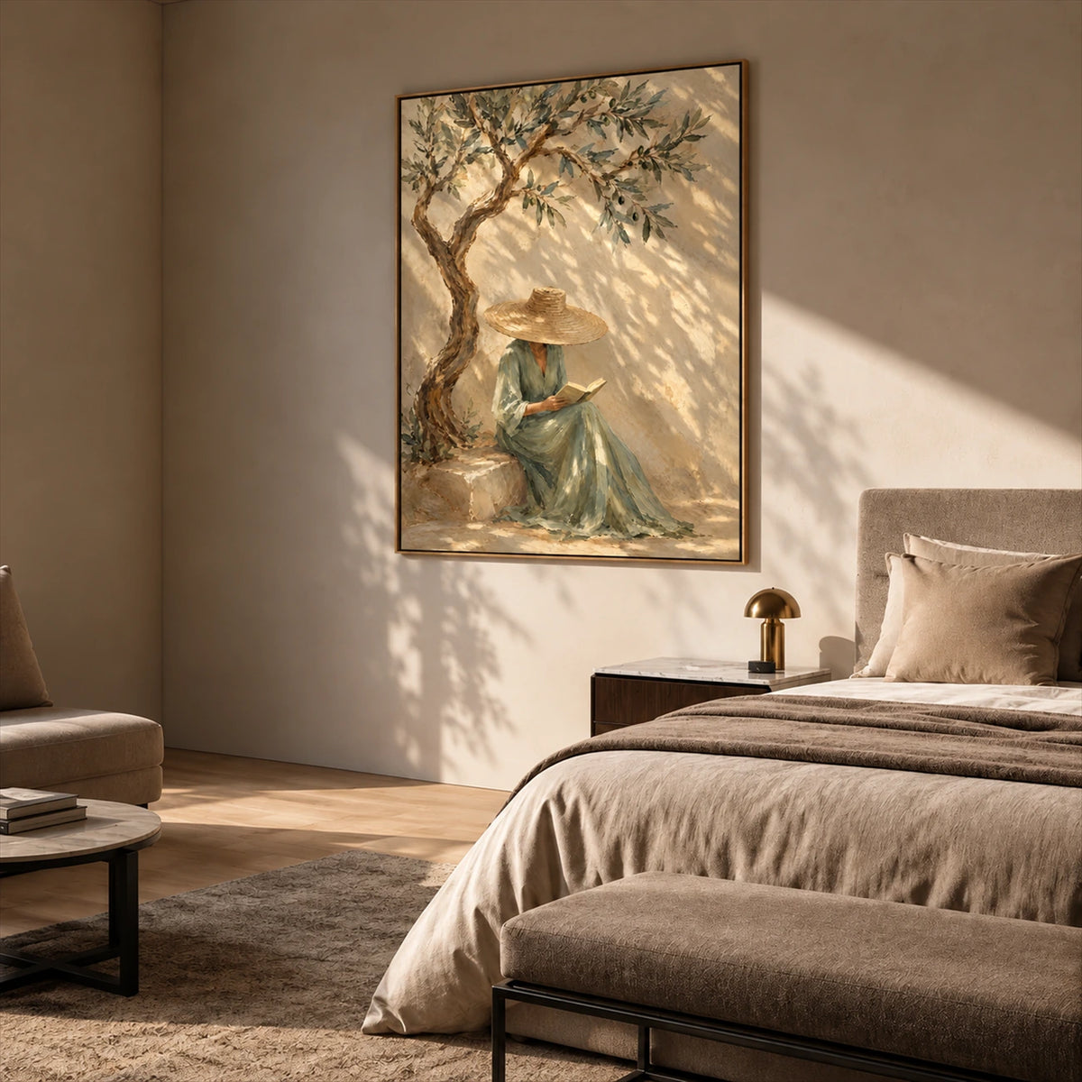 Olive Daydream artwork displayed beside a bed in a softly lit room.