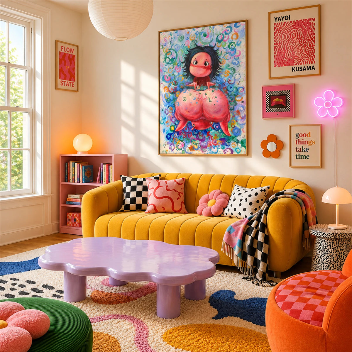 Bubble Muse artwork displayed above a yellow sofa in a colorful lounge.