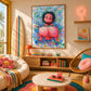 Bubble Muse artwork displayed above a console beside a surfboard.
