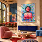 Bubble Muse artwork displayed above a blue cabinet in a bright living room.