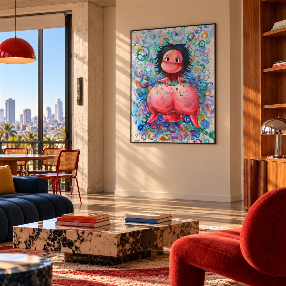 Bubble Muse artwork displayed beside lounge seating near a city-view window.