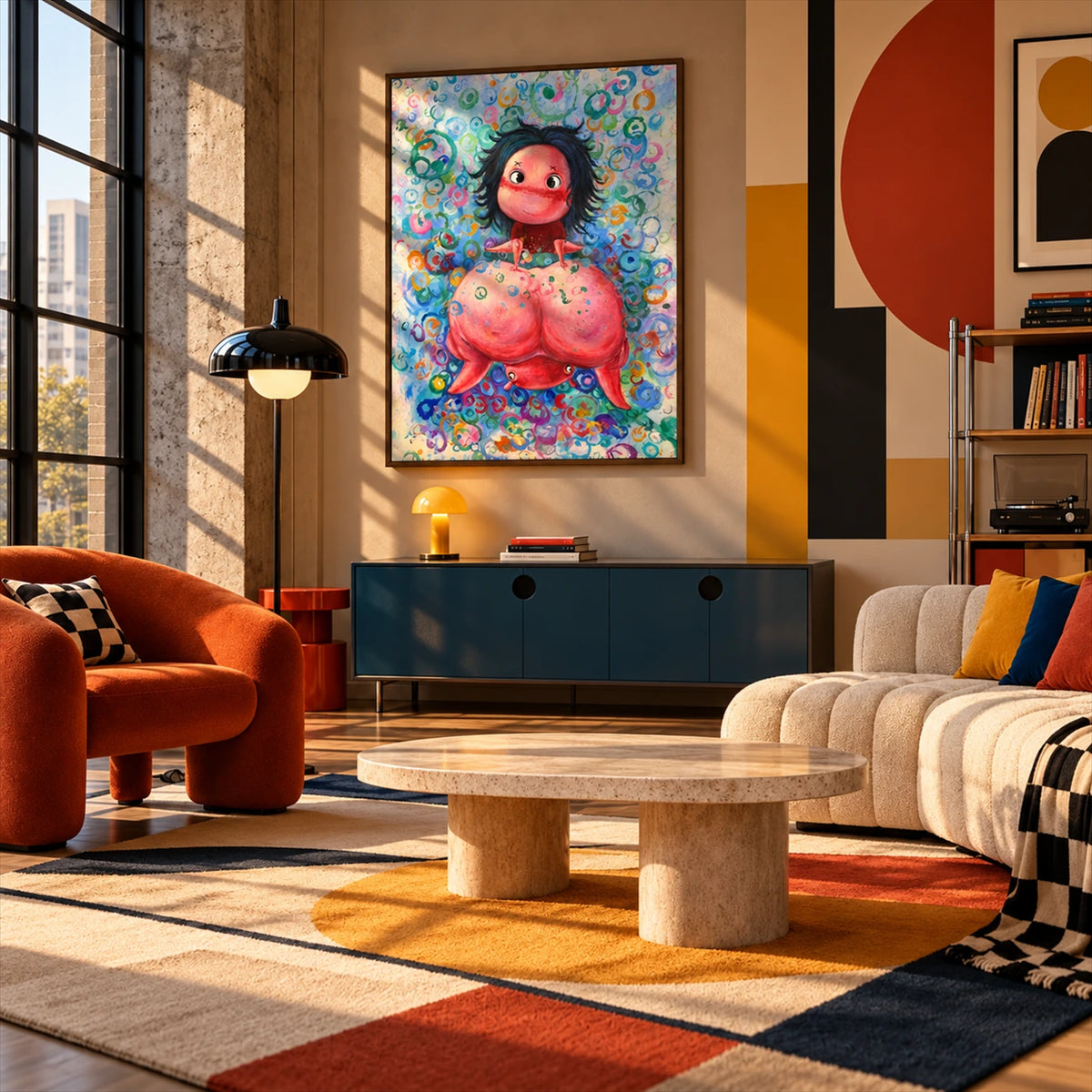 Bubble Muse artwork displayed above a blue console with colorful seating.