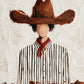 Russet Brim full artwork. An oversized russet hat shades a quiet figure dressed in crisp black-and-white stripes and a red neckerchief.