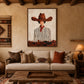 Russet Brim artwork displayed above a cream sofa beneath timber beams.