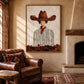 Russet Brim artwork displayed beside a leather chair and stone fireplace.