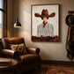 Russet Brim artwork displayed above a leather armchair in a rustic room.