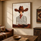 Russet Brim artwork displayed beside a wooden table in a western sitting room.