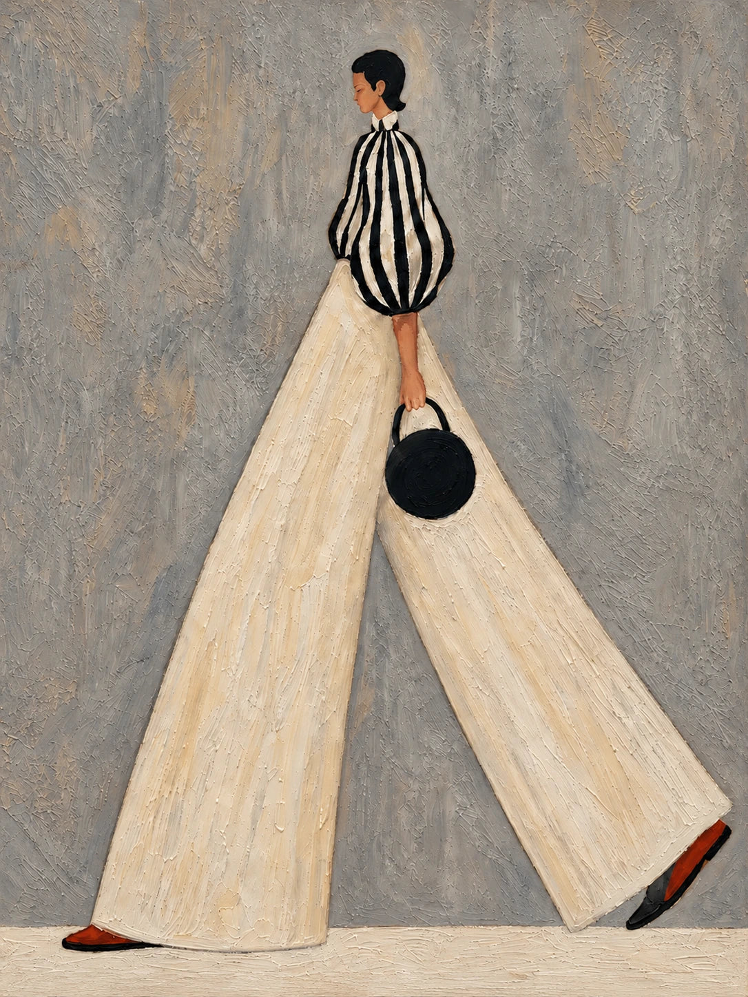Ivory Stride full artwork. A slender figure strides across a muted gray ground in flowing ivory trousers and a striped blouse, carrying a round black bag.