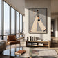 Ivory Stride artwork displayed above a console in a glass-walled living room.