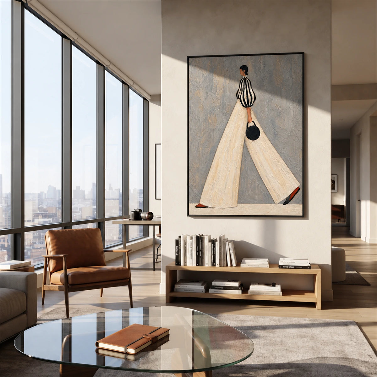Ivory Stride artwork displayed above a console in a glass-walled living room.