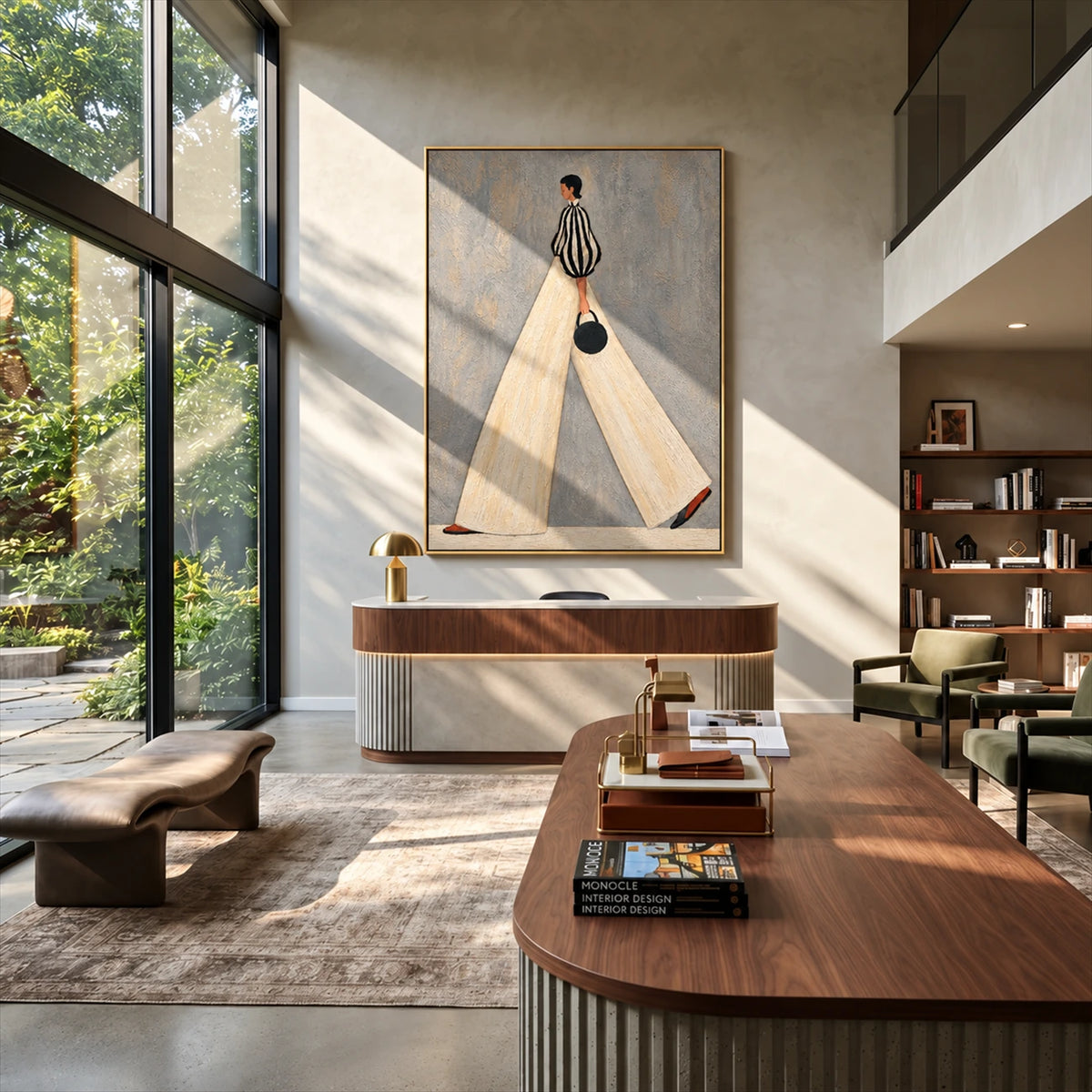 Ivory Stride artwork displayed above a fireplace in a spacious modern lounge.