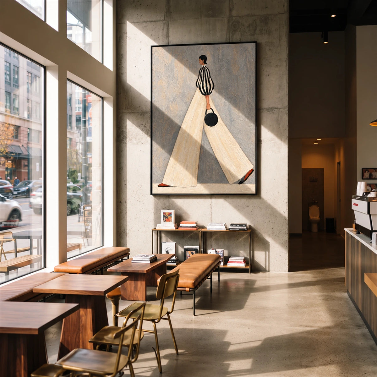 Ivory Stride artwork displayed above a console in a sunlit contemporary interior.