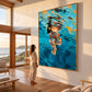 Azure Immersion artwork displayed beside a viewer in a bright seaside living room.