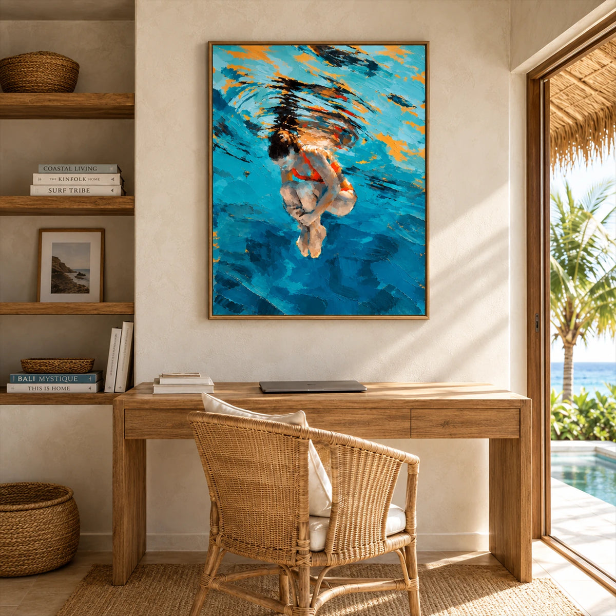 Azure Immersion artwork displayed above a wooden desk and woven chair.
