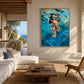 Azure Immersion artwork displayed above a cream sofa in an open coastal lounge.