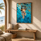 Azure Immersion artwork displayed above a wooden bench beside an ocean-view arch.