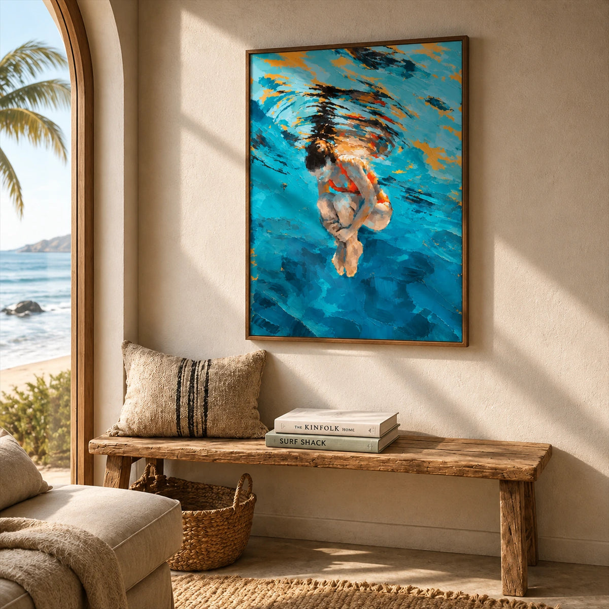 Azure Immersion artwork displayed above a wooden bench beside an ocean-view arch.