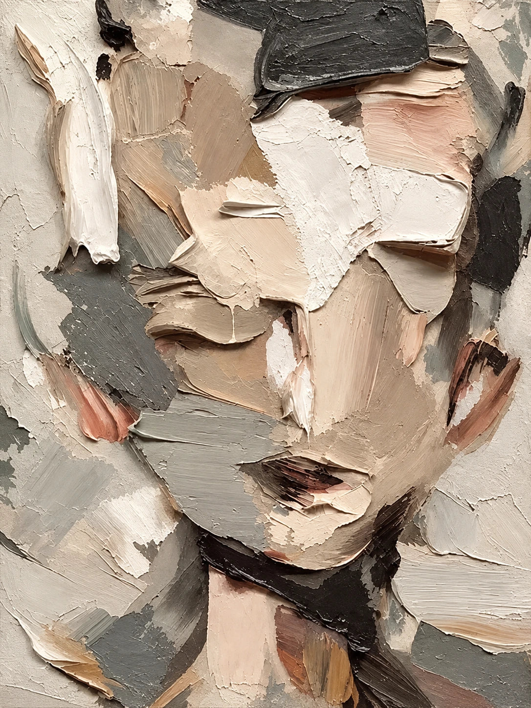 Fragmented Visage full artwork. A quiet face emerges through layered planes of ivory, taupe, charcoal, and soft blush.