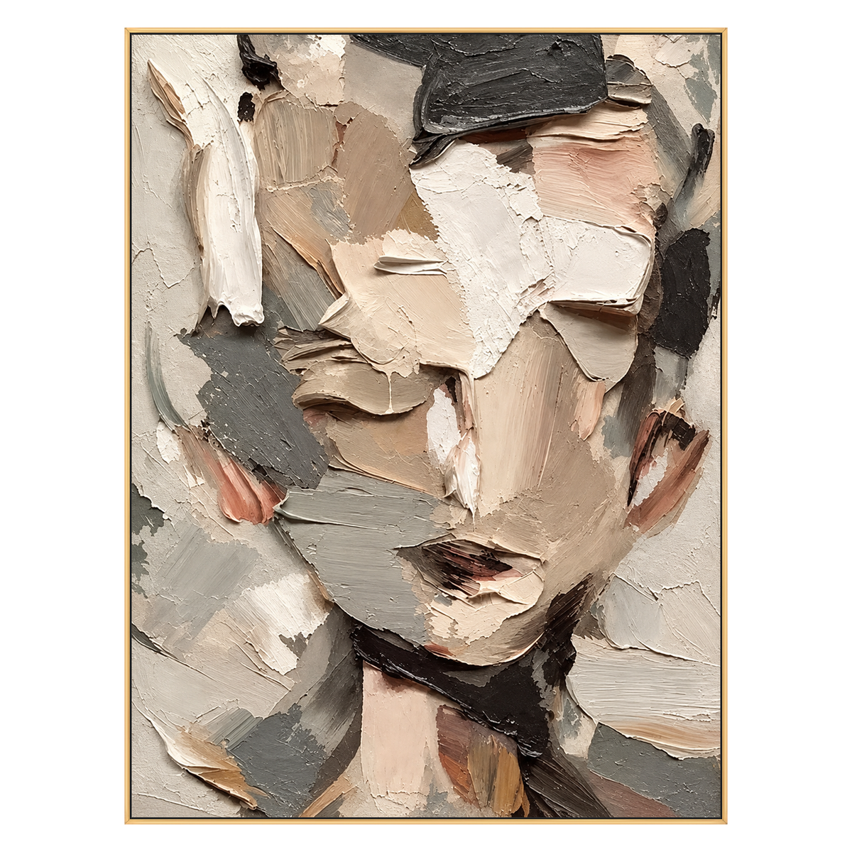 Fragmented Visage artwork in a gold frame on a transparent background.