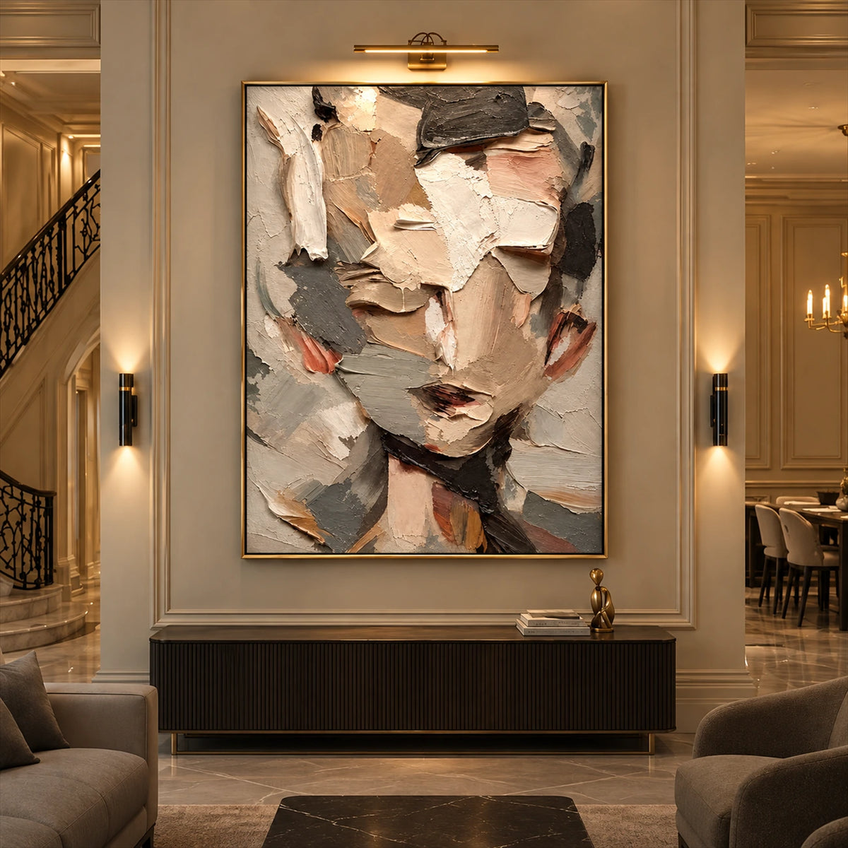 Fragmented Visage artwork displayed above a console in an elegant neutral lounge.