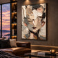Fragmented Visage artwork displayed above a leather sofa beside a city-view window.