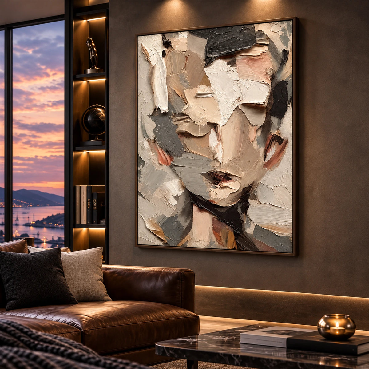 Fragmented Visage artwork displayed above a leather sofa beside a city-view window.