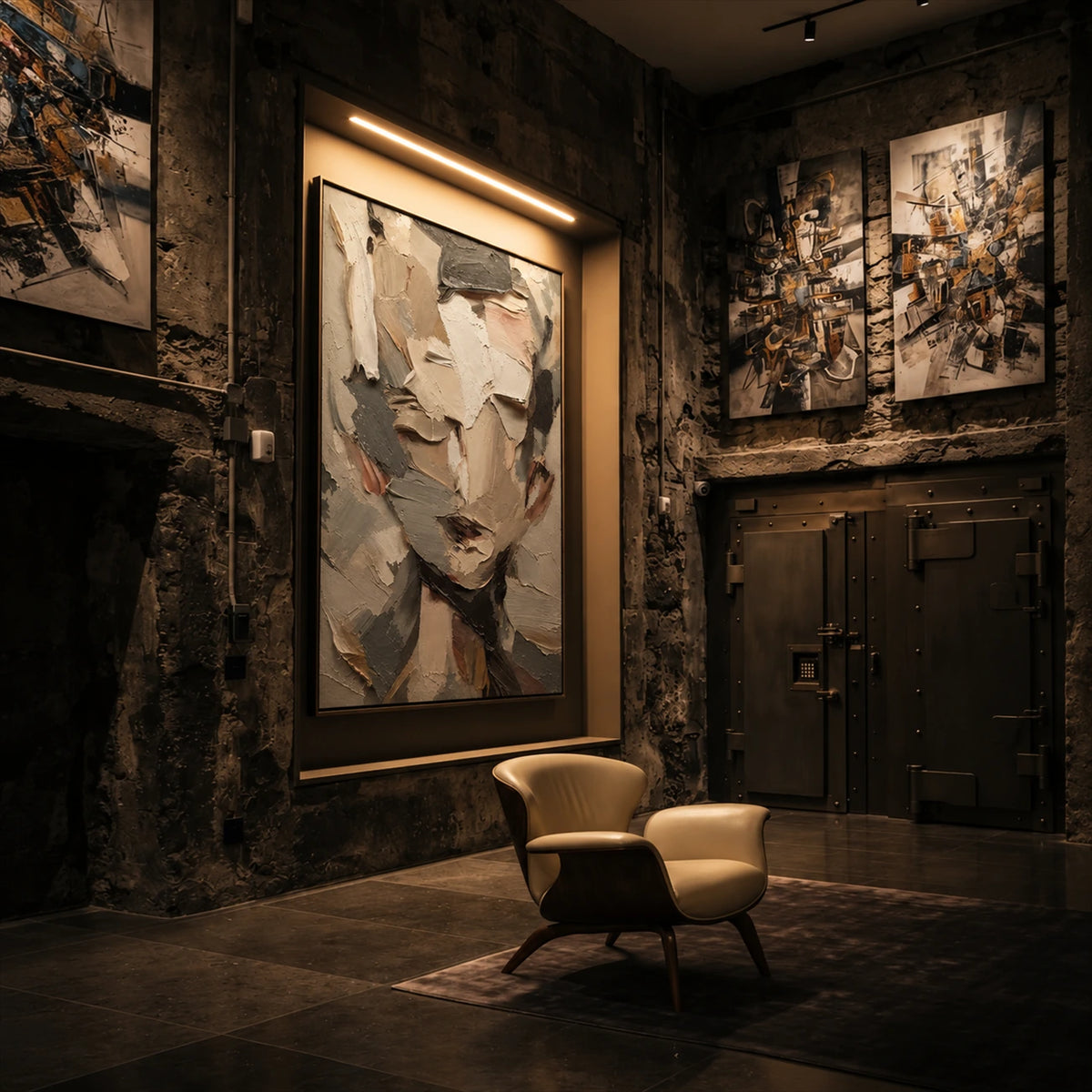 Fragmented Visage artwork displayed beside an armchair against a dark stone wall.