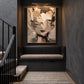 Fragmented Visage artwork displayed above a bench beside a staircase.
