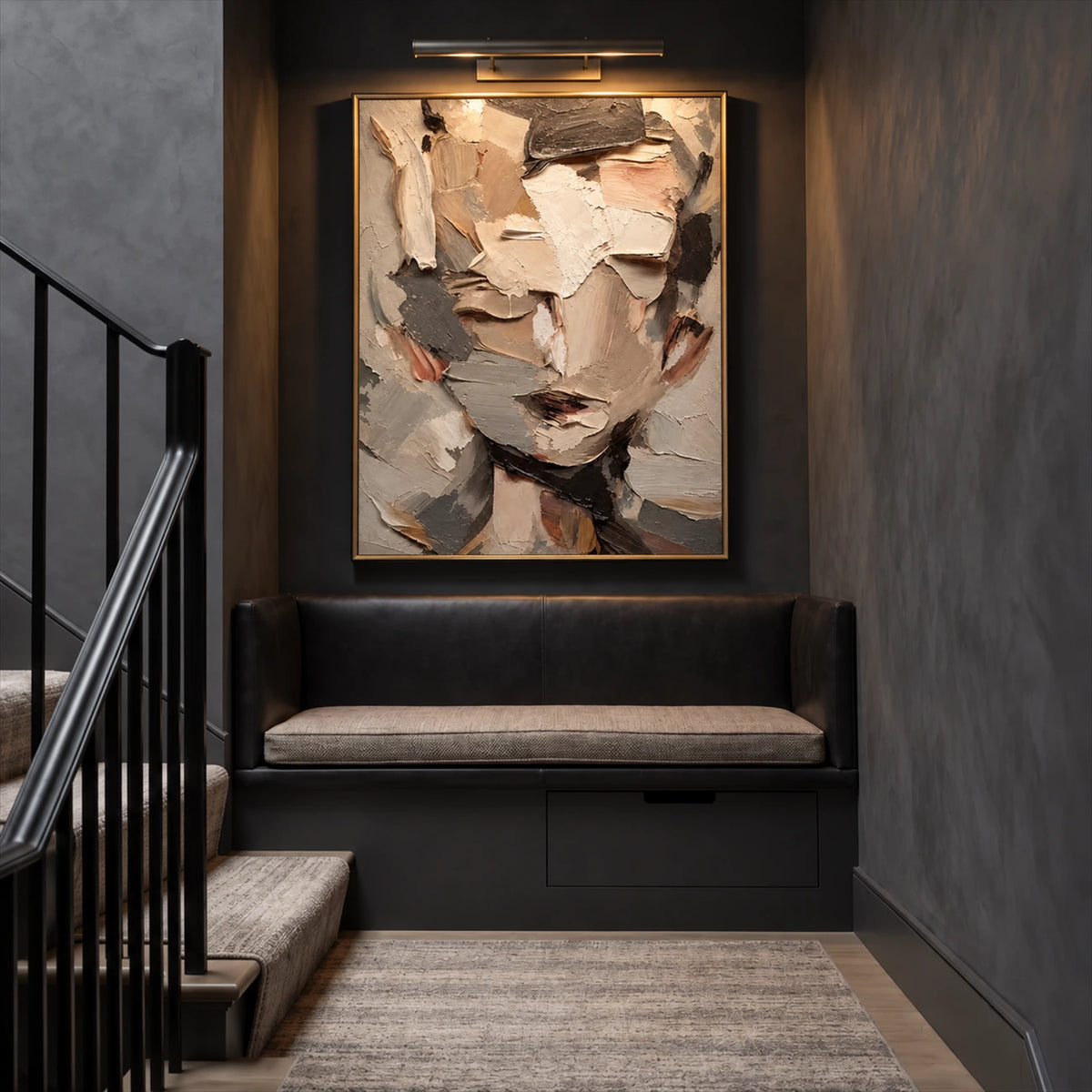 Fragmented Visage artwork displayed above a bench beside a staircase.