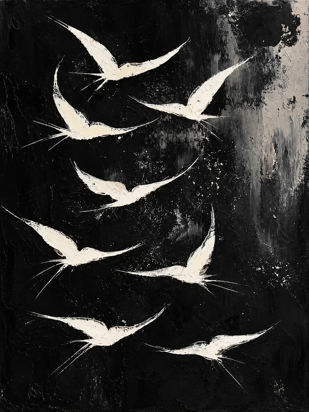 Ivory Ascension full artwork. Ivory birds sweep across a deep charcoal field in a rising, rhythmic formation.