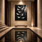 Ivory Ascension artwork displayed above a reflecting pool in a stone entryway.