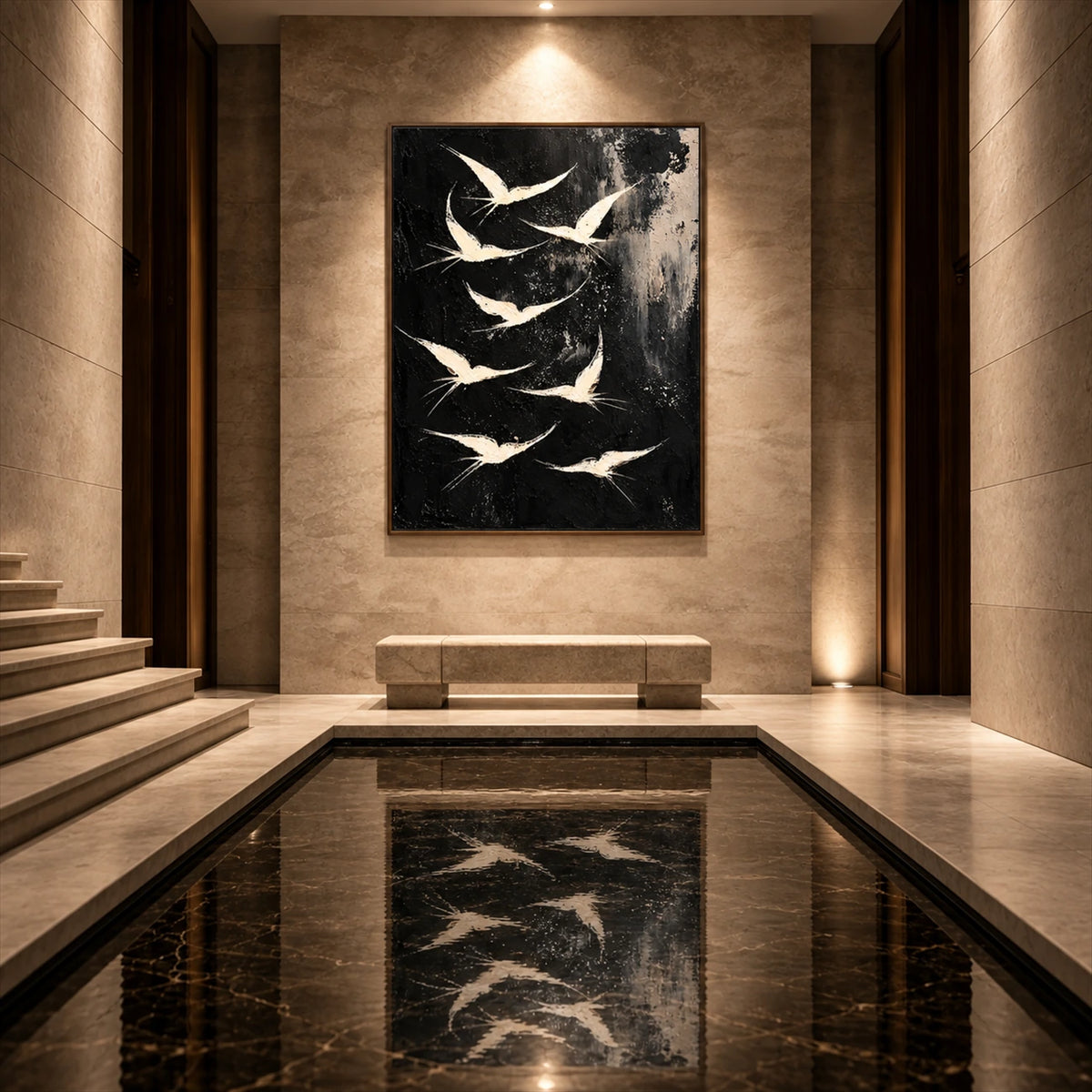 Ivory Ascension artwork displayed above a reflecting pool in a stone entryway.