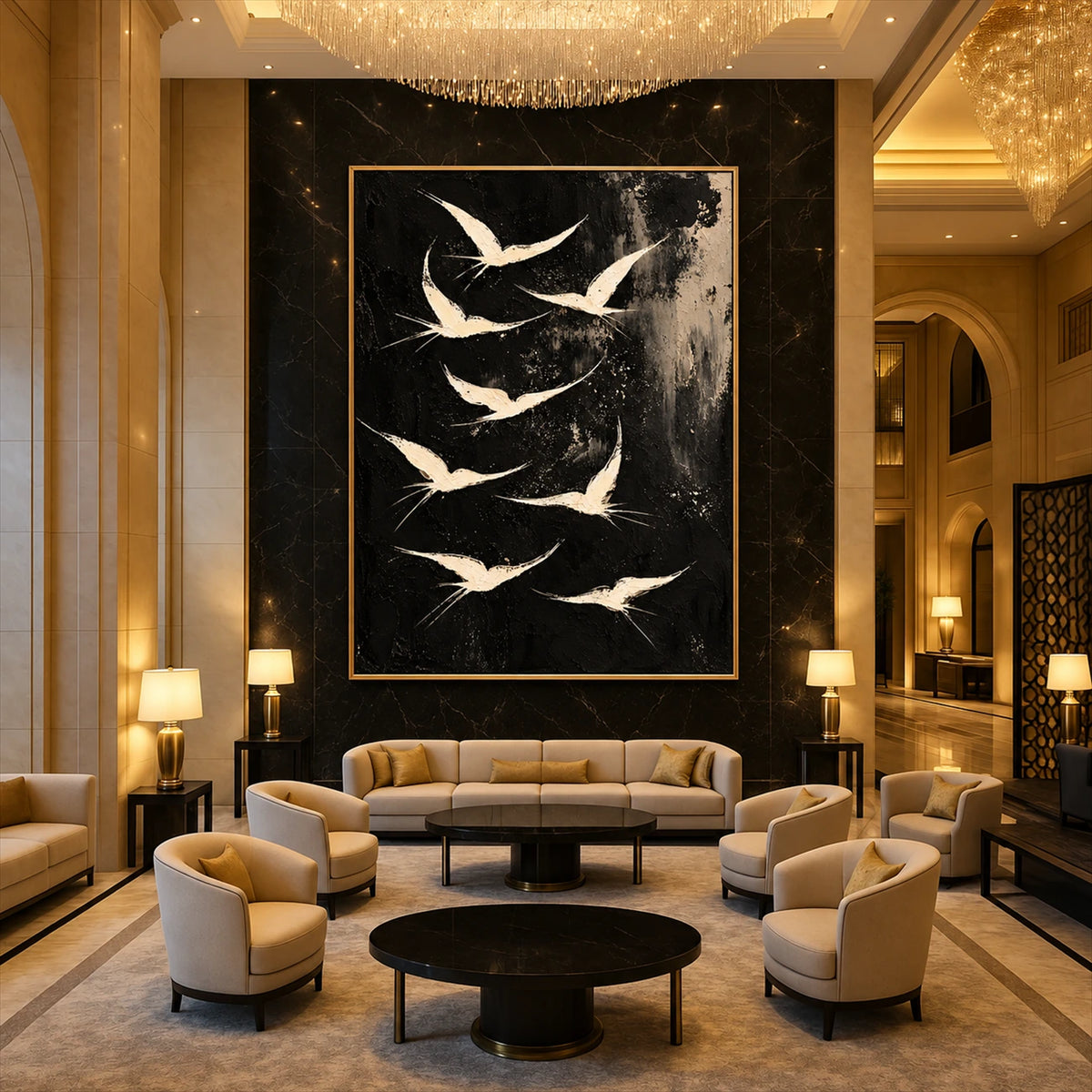 Ivory Ascension artwork displayed above cream seating in a tall lounge.