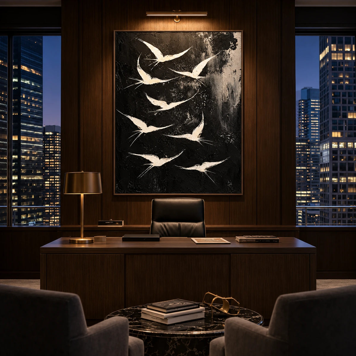 Ivory Ascension artwork displayed above a desk overlooking the city.