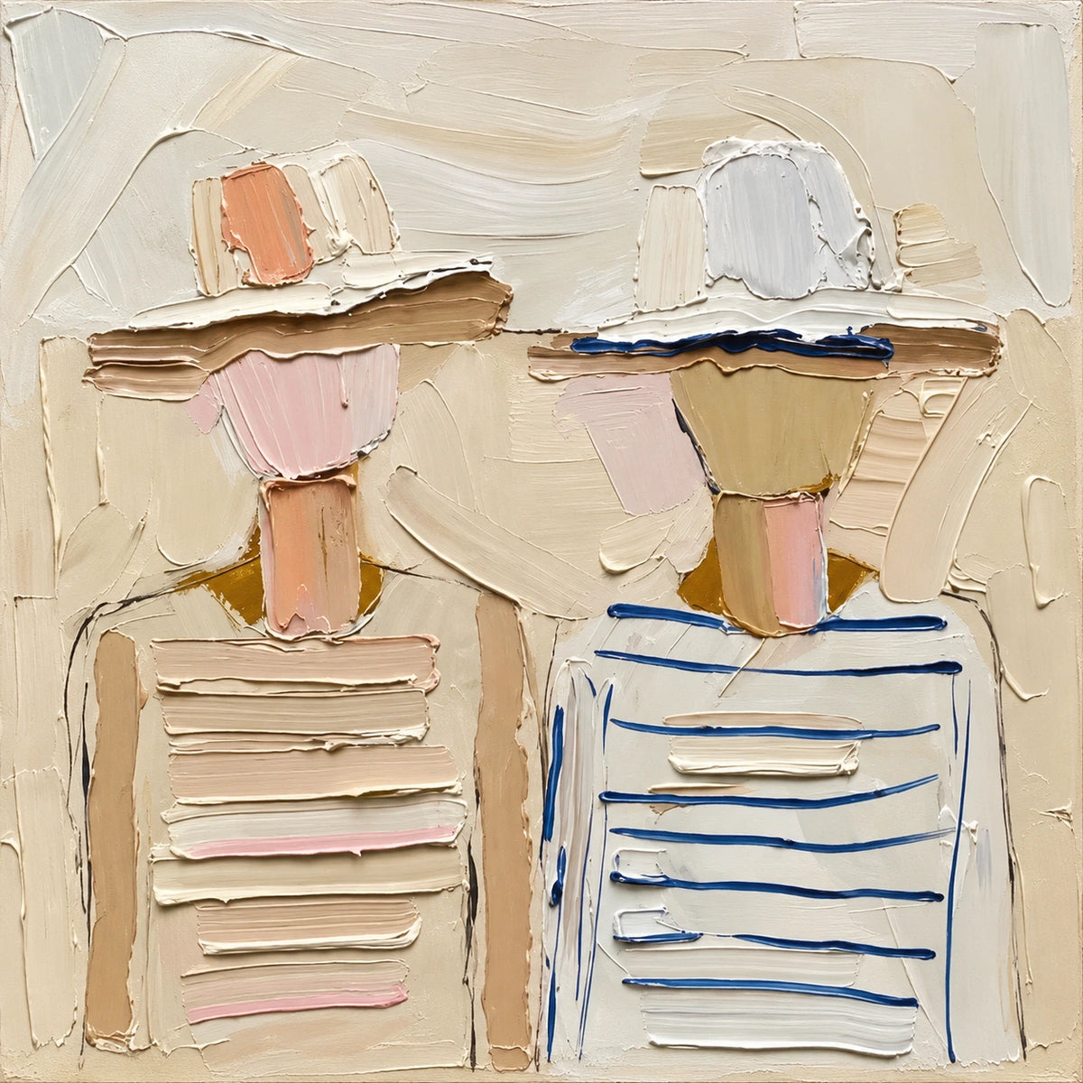 Sunhat Companions full artwork. Two figures in striped tops and broad summer hats stand together against a warm ivory ground.