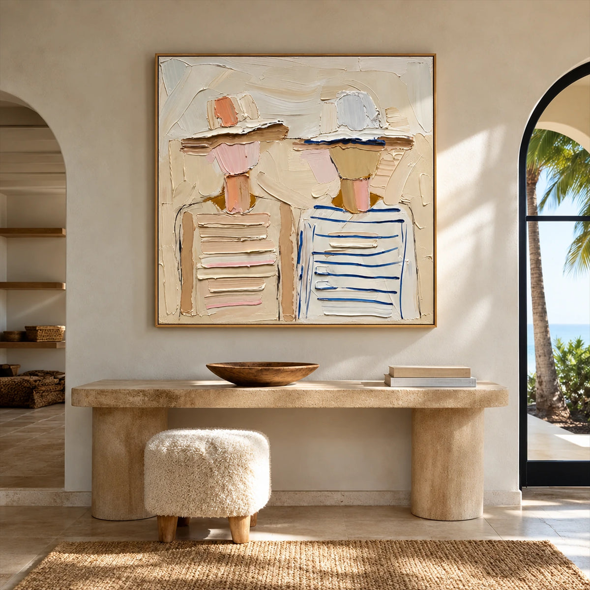 Sunhat Companions artwork displayed above a stone console beside an arched doorway.